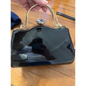 Black Patent Evening Clutch Handbag Gold Chain Crystal Accent